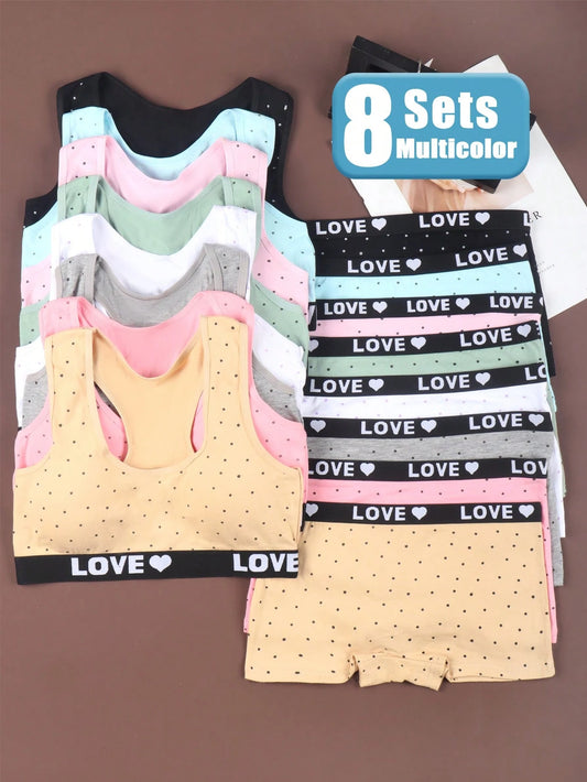 SIETEROSA 8 Sets Girl Basic Underwear Cotton Soft Camisole Bra And Panties Comfortable Wireless Training Bra Suitable For 10-14 Years