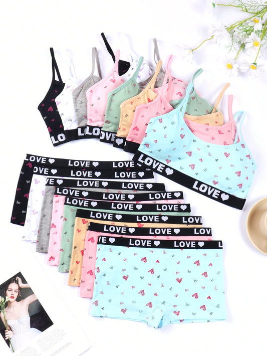 SIETEROSA 8 Sets Tween Camisole Bra And Panty Sets Underwear Cotton Soft Comfortable Cute Heart Print Multicolor Suitable For 9-13Y Girl Daily Wear