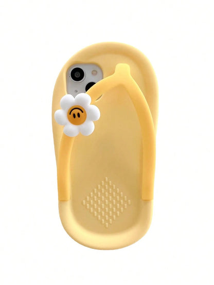 Silicone Cute Ugly Cute Funny Yellow Flip Flop Shaped Silicone Flower Decor Phone Case Compatible With IPhone 17/16 Pro Max/15/14/13/12/11/XS/XS Max/XR/7/8 Plus, Adorable Novelty Cases Spring Gift Bir