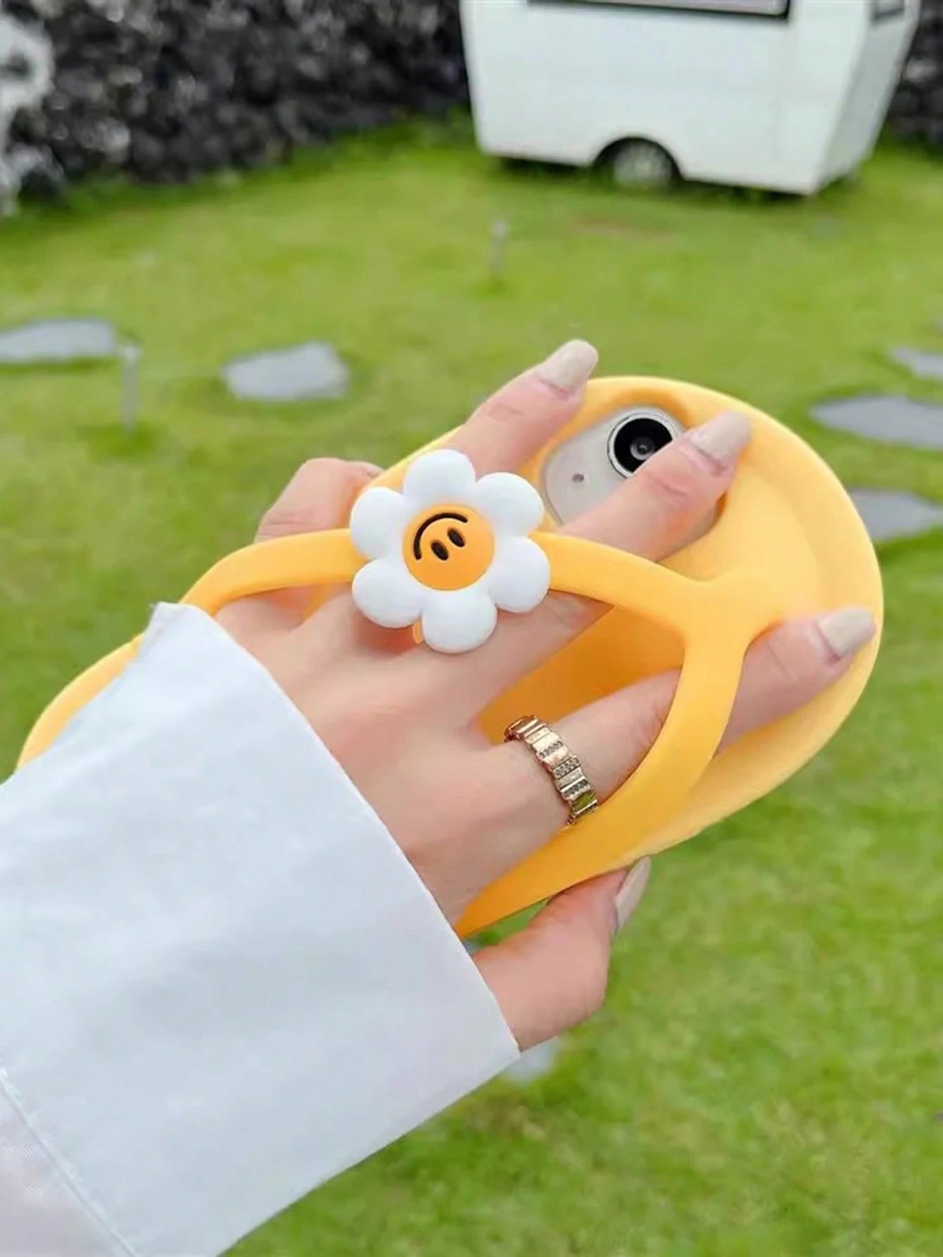 Silicone Cute Ugly Cute Funny Yellow Flip Flop Shaped Silicone Flower Decor Phone Case Compatible With IPhone 17/16 Pro Max/15/14/13/12/11/XS/XS Max/XR/7/8 Plus, Adorable Novelty Cases Spring Gift Bir