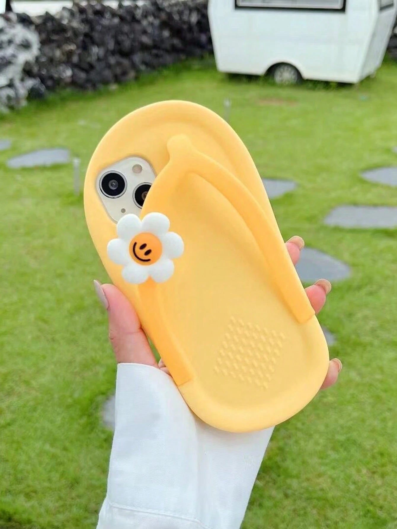 Silicone Cute Ugly Cute Funny Yellow Flip Flop Shaped Silicone Flower Decor Phone Case Compatible With IPhone 17/16 Pro Max/15/14/13/12/11/XS/XS Max/XR/7/8 Plus, Adorable Novelty Cases Spring Gift Bir