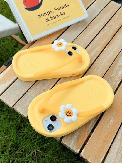 Silicone Cute Ugly Cute Funny Yellow Flip Flop Shaped Silicone Flower Decor Phone Case Compatible With IPhone 17/16 Pro Max/15/14/13/12/11/XS/XS Max/XR/7/8 Plus, Adorable Novelty Cases Spring Gift Bir