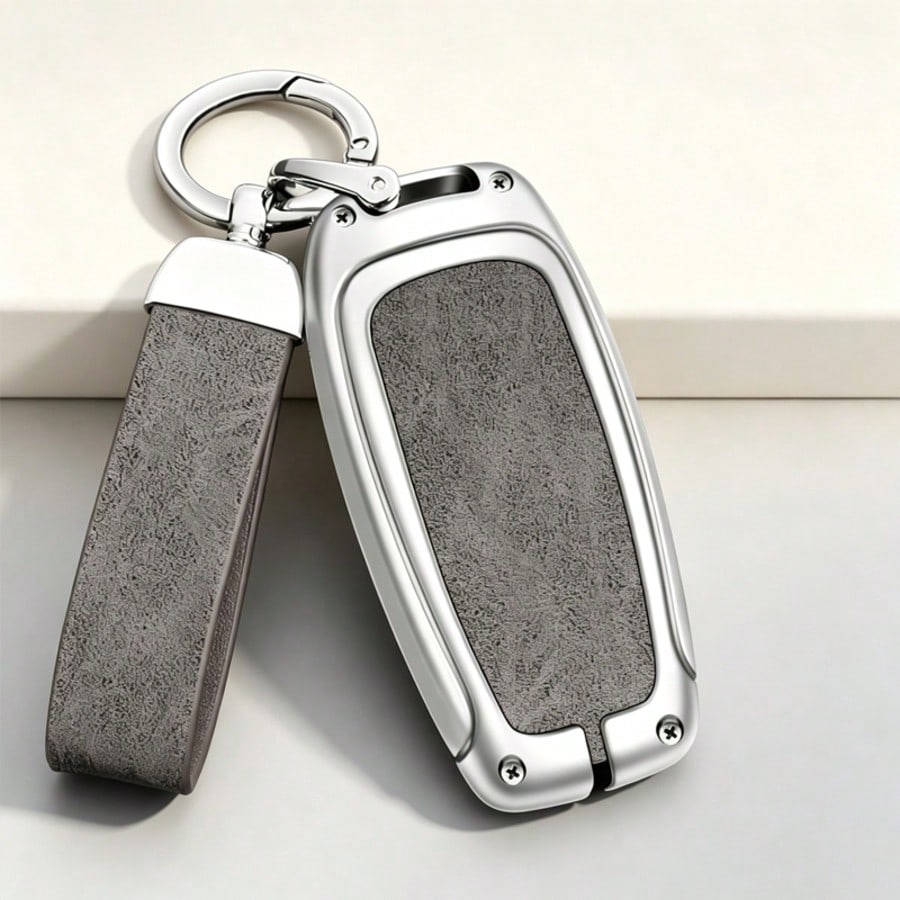 Silver-Edged Zinc Alloy Protective Case With Carabiner Lanyard, Compatible With Audi Classic 3-Button Key Models, Fits A4 B8, A5, A6 C7, A7, A8, Q5, Q7, S4, S5, S6, S7, SQ5, RS4 (B8), RS5, RS6 (C7), R