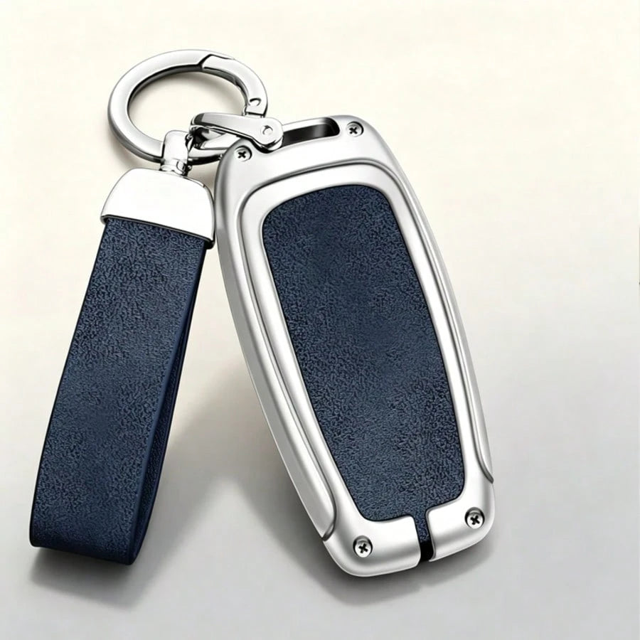 Silver-Edged Zinc Alloy Protective Case With Carabiner Lanyard, Compatible With Audi Classic 3-Button Key Models, Fits A4 B8, A5, A6 C7, A7, A8, Q5, Q7, S4, S5, S6, S7, SQ5, RS4 (B8), RS5, RS6 (C7), R