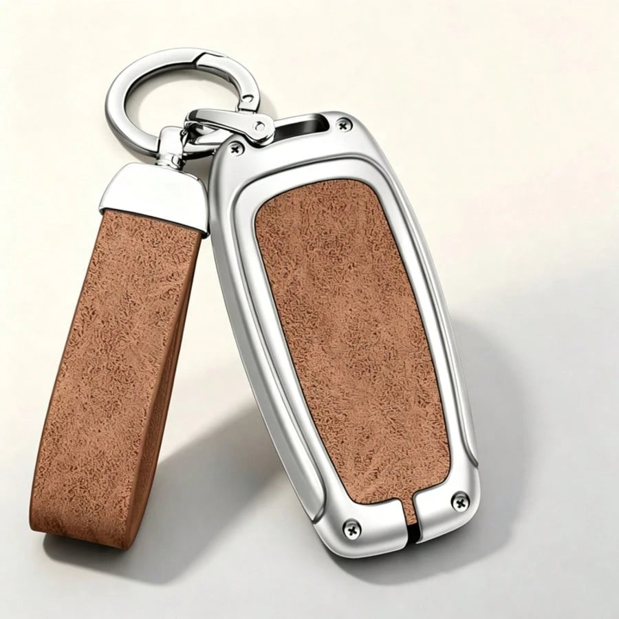 Silver-Edged Zinc Alloy Protective Case With Carabiner Lanyard, Compatible With Audi Classic 3-Button Key Models, Fits A4 B8, A5, A6 C7, A7, A8, Q5, Q7, S4, S5, S6, S7, SQ5, RS4 (B8), RS5, RS6 (C7), R