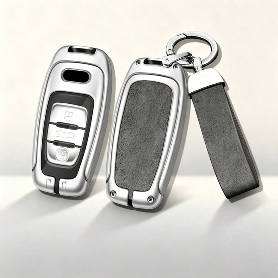 Silver-Edged Zinc Alloy Protective Case With Carabiner Lanyard, Compatible With Audi Classic 3-Button Key Models, Fits A4 B8, A5, A6 C7, A7, A8, Q5, Q7, S4, S5, S6, S7, SQ5, RS4 (B8), RS5, RS6 (C7), R