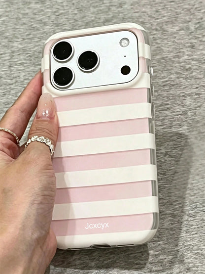 Simple Fashion Pink Blue Stripes Glossy Jelly Phone Case Compatible With IPhone 17 Pro Max 17 Pro 17 16 Pro Max 16 Pro 16 15 Pro Max 15 Pro 14 Pro Max 14 Pro 13 12 11 Cute Macaron Color Anti-Drop Prot