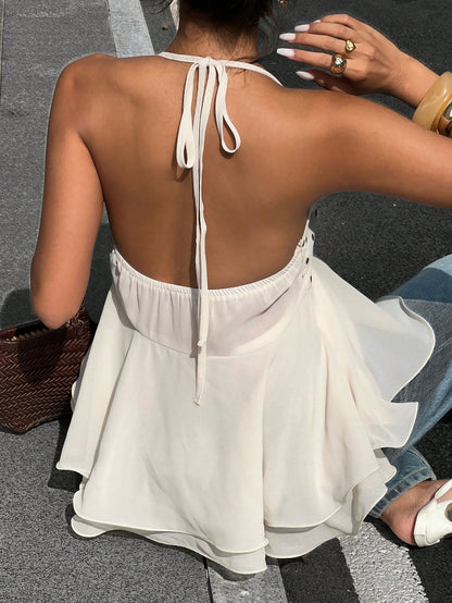 Siren Gaze Elegant Women's Black White Polka Dot Camisole Top,V-Neck Backless Chiffon Vest,Ruffled Blouse,Perfect For Summer,Brunch,Holiday,Chic Vacation Look