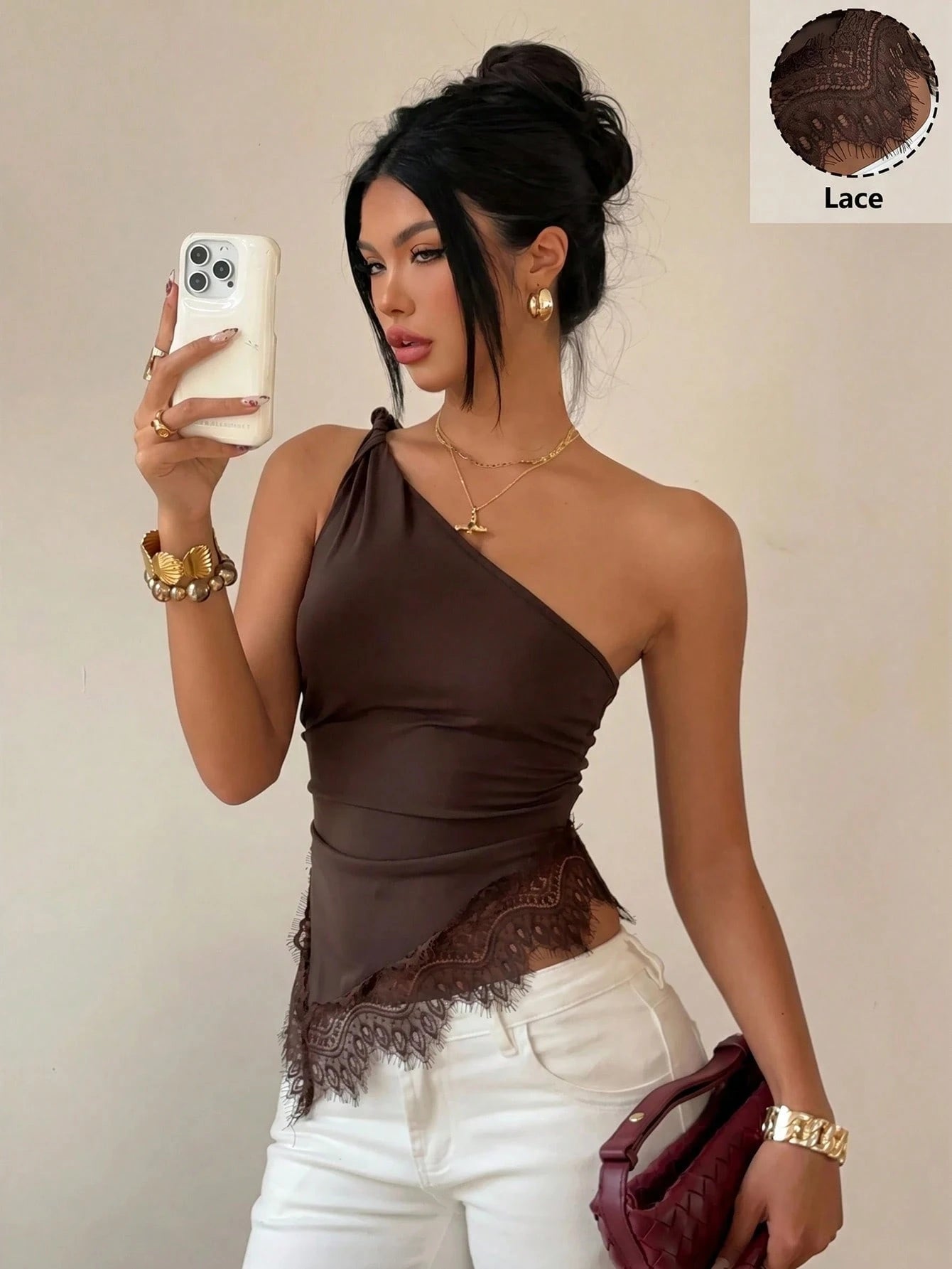 Siren Gaze Lace Patchwork Twist Knot One Shoulder Top, Elegant Fitted Women's Carnival Casual Summer Style, Asymmetrical Backless Party Music Festival