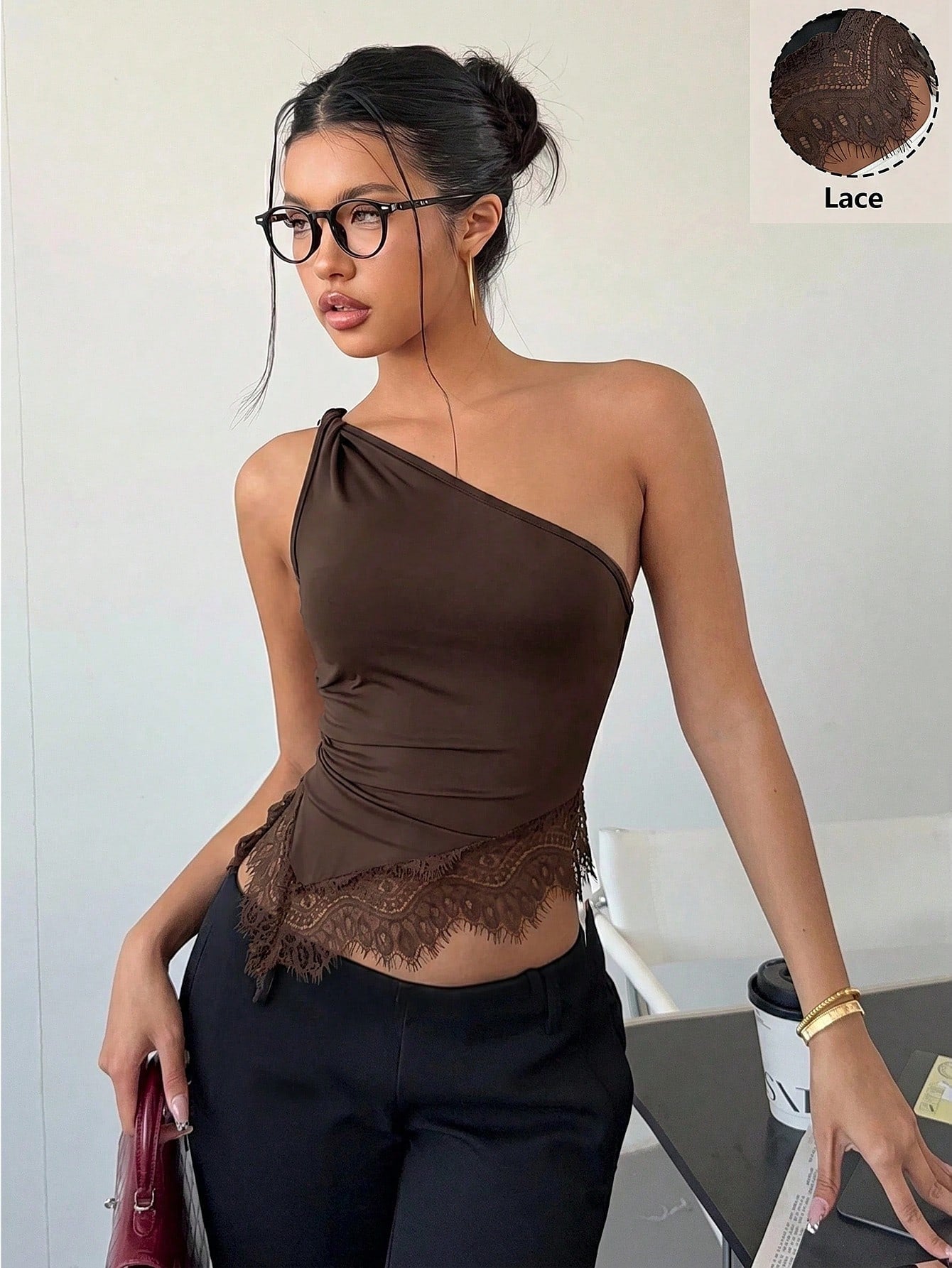 Siren Gaze Lace Patchwork Twist Knot One Shoulder Top, Elegant Fitted Women's Carnival Casual Summer Style, Asymmetrical Backless Party Music Festival