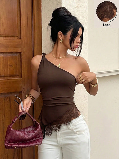 Siren Gaze Lace Patchwork Twist Knot One Shoulder Top, Elegant Fitted Women's Carnival Casual Summer Style, Asymmetrical Backless Party Music Festival