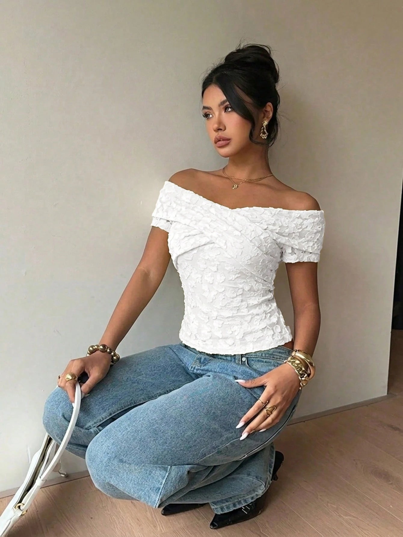 Siren Gaze White Jacquard Knit Floral Casual Minimalist Vacation Sexy Commute Elegant Romantic Vintage T-Shirt, Commute, Beach, Vacation, Summer, Cross Neckline Design Women's T-Shirt