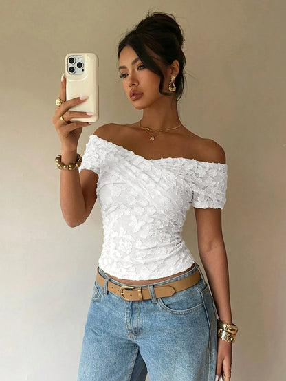 Siren Gaze White Jacquard Knit Floral Casual Minimalist Vacation Sexy Commute Elegant Romantic Vintage T-Shirt, Commute, Beach, Vacation, Summer, Cross Neckline Design Women's T-Shirt