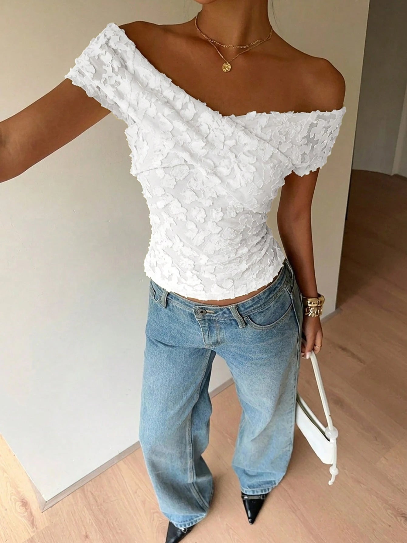 Siren Gaze White Jacquard Knit Floral Casual Minimalist Vacation Sexy Commute Elegant Romantic Vintage T-Shirt, Commute, Beach, Vacation, Summer, Cross Neckline Design Women's T-Shirt