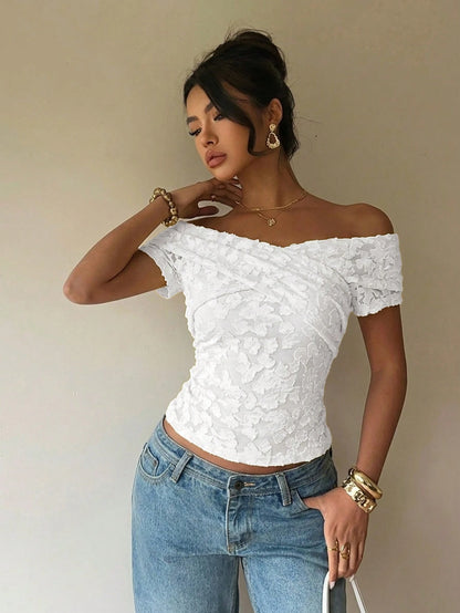 Siren Gaze White Jacquard Knit Floral Casual Minimalist Vacation Sexy Commute Elegant Romantic Vintage T-Shirt, Commute, Beach, Vacation, Summer, Cross Neckline Design Women's T-Shirt