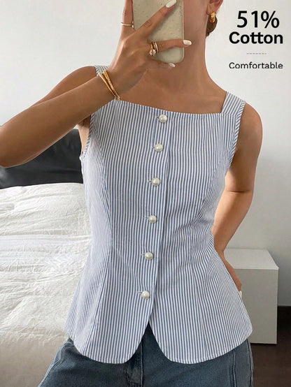 Siren Gaze Women's Casual Elegant Striped Print Tank Top, 51% Cotton, Summer For Ladies, Summer Top