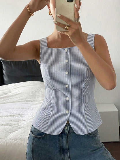 Siren Gaze Women's Casual Elegant Striped Print Tank Top, 51% Cotton, Summer For Ladies, Summer Top