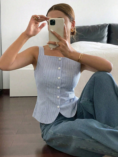 Siren Gaze Women's Casual Elegant Striped Print Tank Top, 51% Cotton, Summer For Ladies, Summer Top