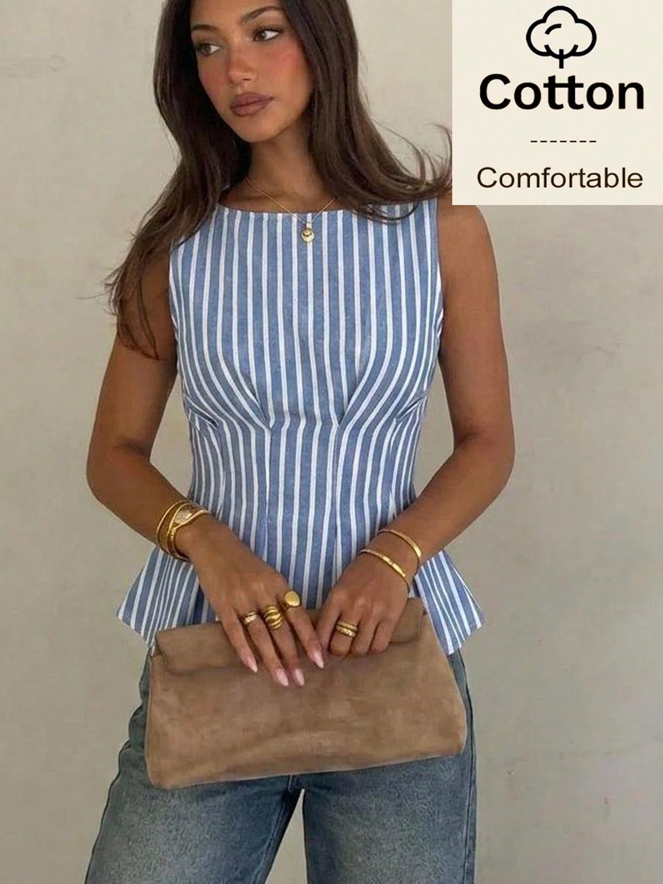 Siren Gaze Women's Cotton Blue And White Stripe Tank Top, Elegant Coastal Tropical Summer Peplum Blouse, Asymmetrical Waist Cinching Sleeveless Shirt, Vacation