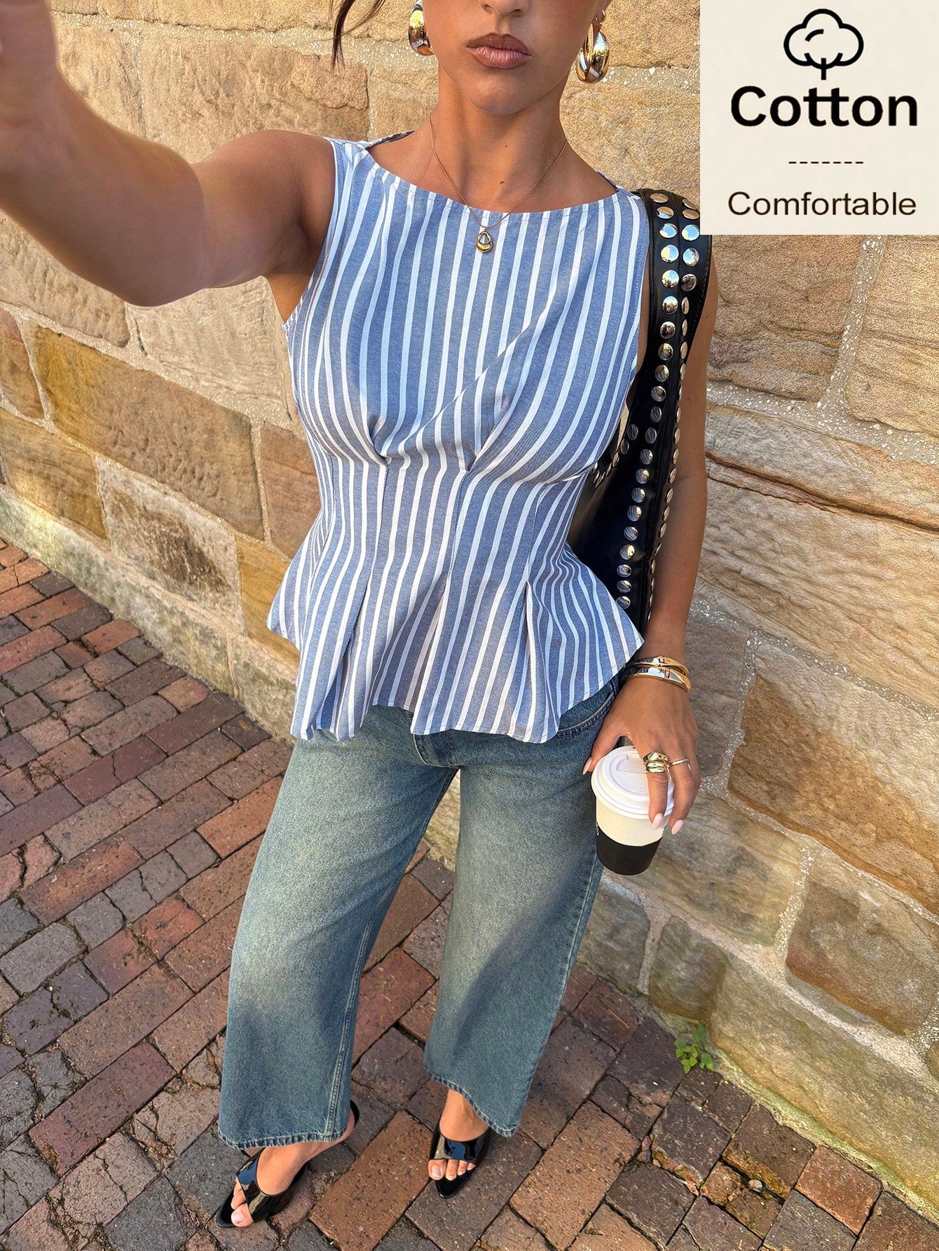 Siren Gaze Women's Cotton Blue And White Stripe Tank Top, Elegant Coastal Tropical Summer Peplum Blouse, Asymmetrical Waist Cinching Sleeveless Shirt, Vacation
