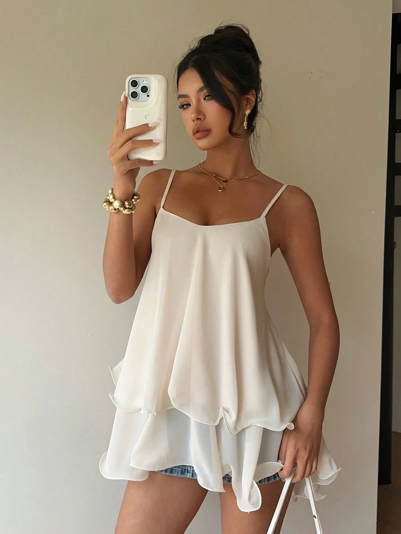 Siren Gaze Women's Elegant Cream White Tiered Ruffle Top,Flowy Chiffon Cami Tank For Summer Casual Wear,Brunch Date Night Spaghetti Strap Peplum Layered Top