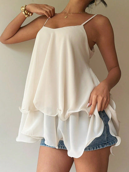 Siren Gaze Women's Elegant Cream White Tiered Ruffle Top,Flowy Chiffon Cami Tank For Summer Casual Wear,Brunch Date Night Spaghetti Strap Peplum Layered Top