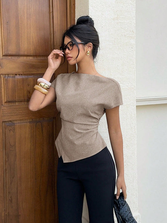 Siren Gaze Women's Elegant Khaki Autumn Semi Formal Short Sleeve Blouse,Ruched Waist Asymmetric Hem Pullover Shirt,Commuter Style Work Office Top For Ladies