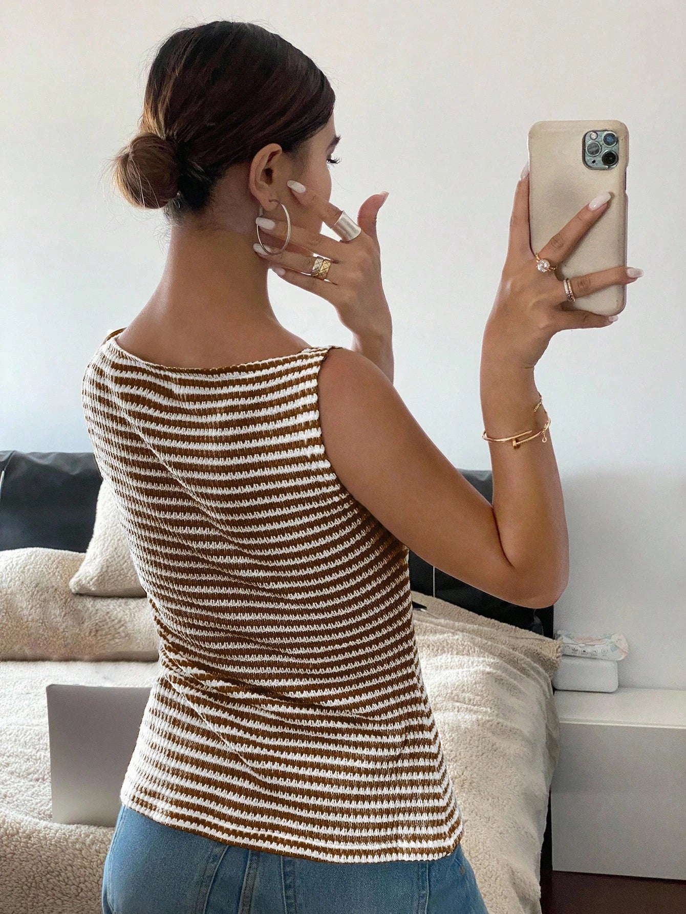 Siren Gaze Women's Front Button Sleeveless Striped Simple Casual Shirt, Daily Wear Brown Summer Elegant