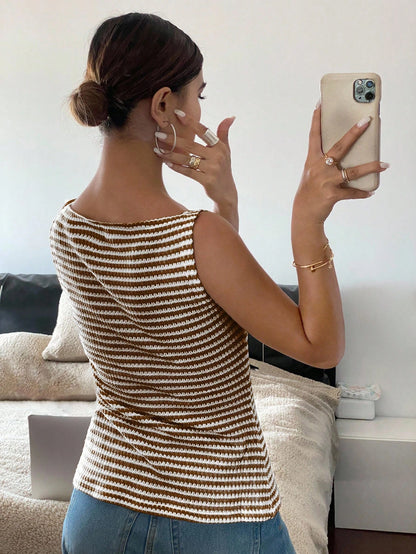Siren Gaze Women's Front Button Sleeveless Striped Simple Casual Shirt, Daily Wear Brown Summer Elegant