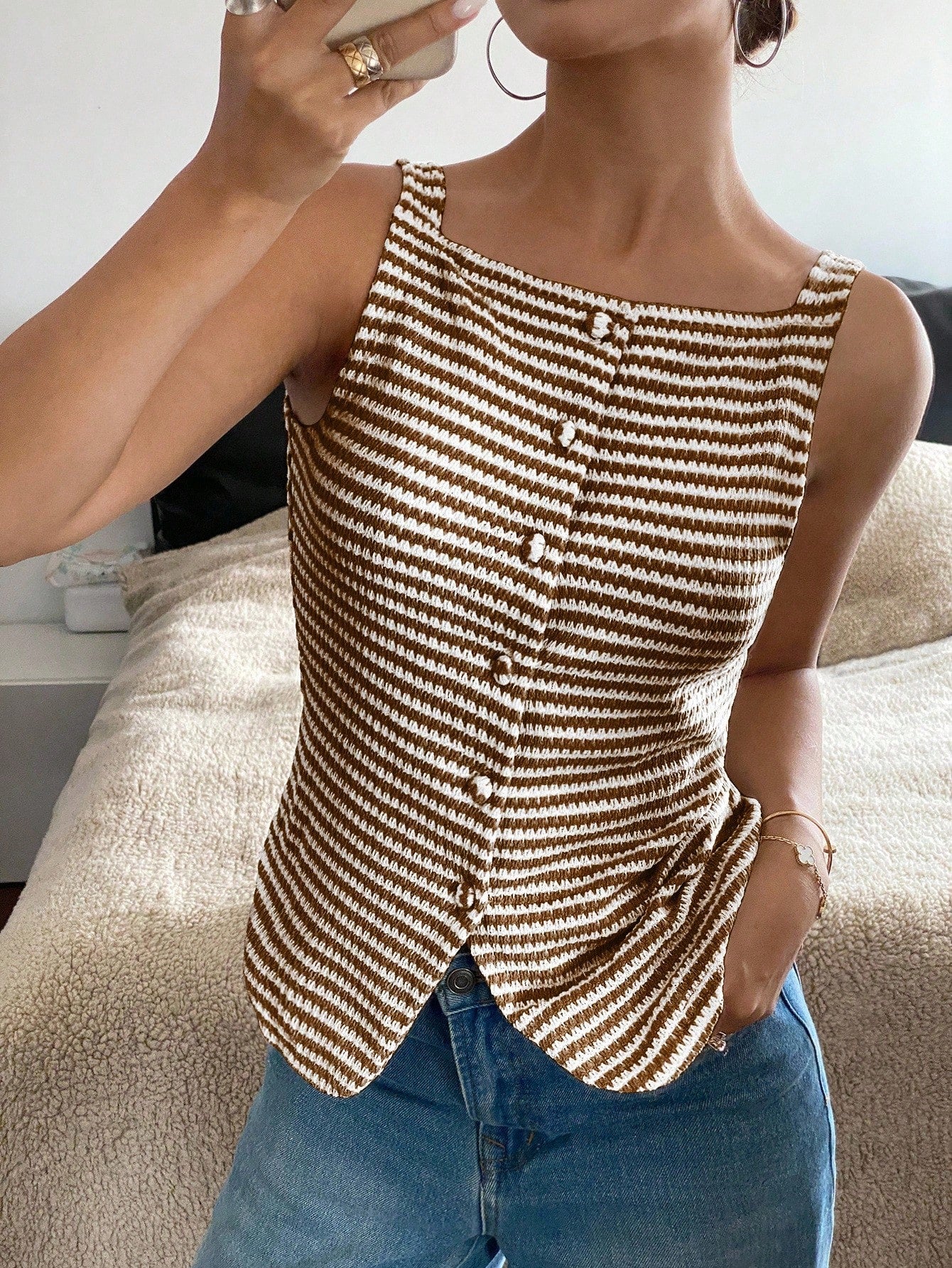Siren Gaze Women's Front Button Sleeveless Striped Simple Casual Shirt, Daily Wear Brown Summer Elegant