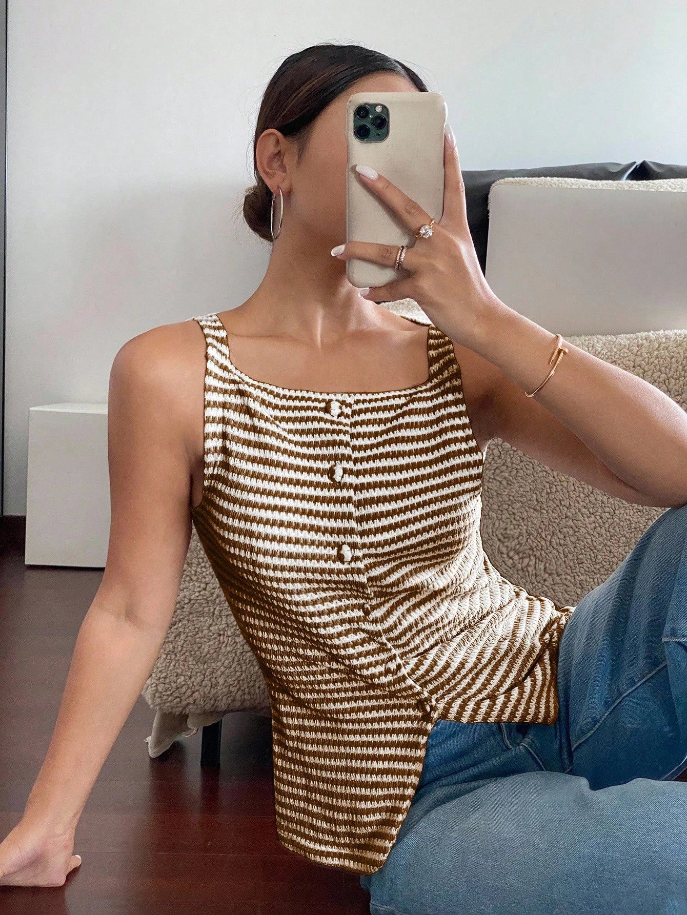 Siren Gaze Women's Front Button Sleeveless Striped Simple Casual Shirt, Daily Wear Brown Summer Elegant