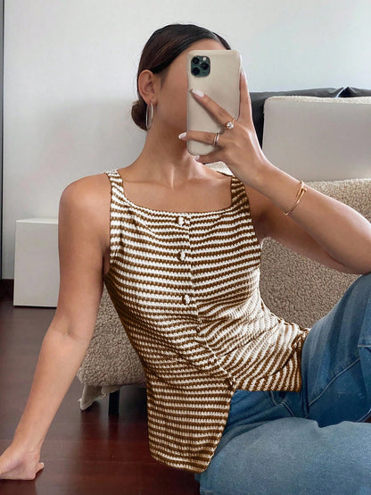 Siren Gaze Women's Front Button Sleeveless Striped Simple Casual Shirt, Daily Wear Brown Summer Elegant