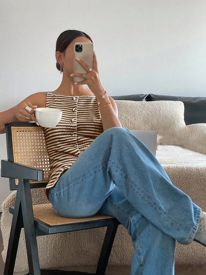 Siren Gaze Women's Front Button Sleeveless Striped Simple Casual Shirt, Daily Wear Brown Summer Elegant