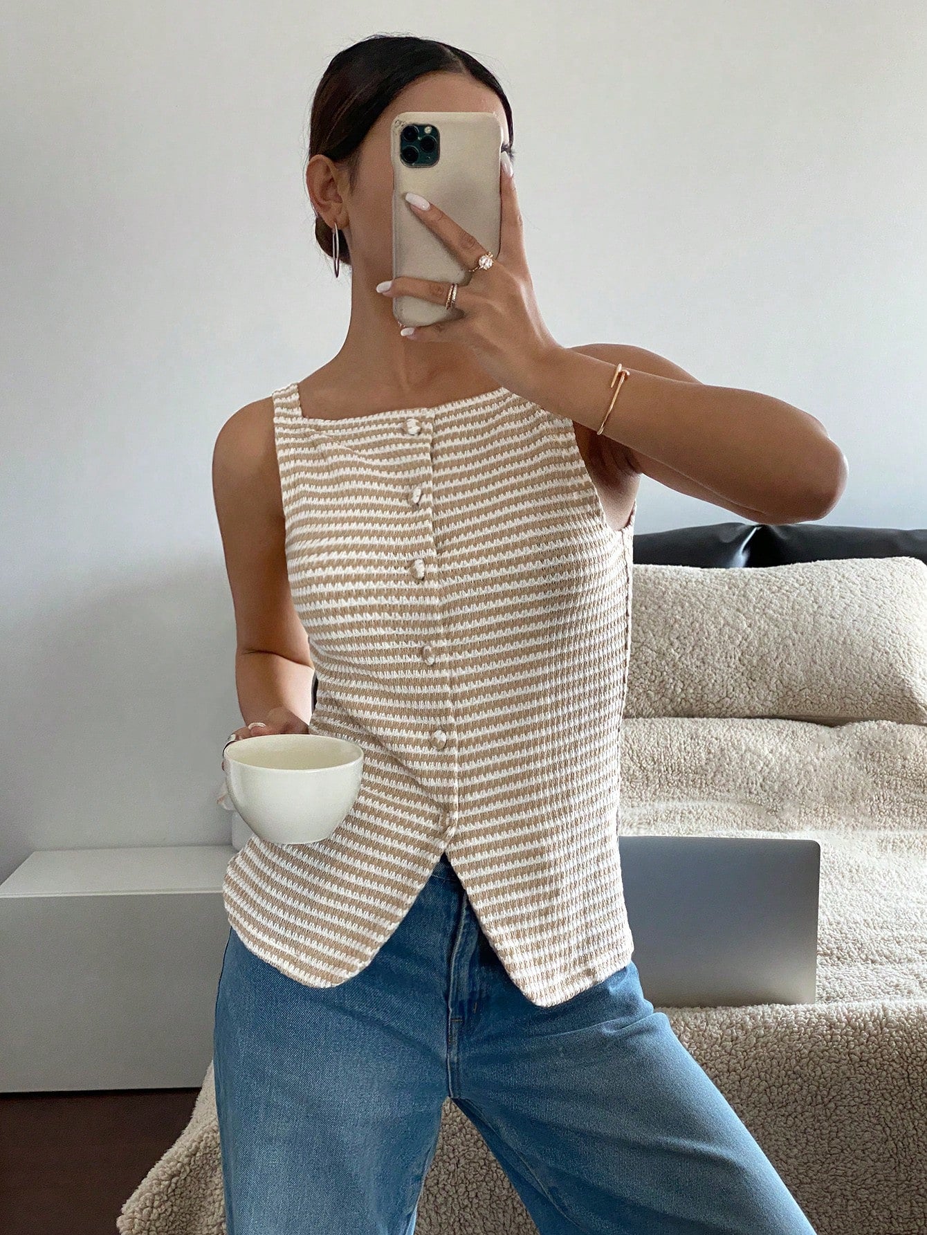 Siren Gaze Women's Front Button Sleeveless Striped Simple Casual Shirt, Daily Wear Brown Summer Elegant