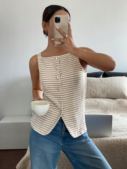Siren Gaze Women's Front Button Sleeveless Striped Simple Casual Shirt, Daily Wear Brown Summer Elegant