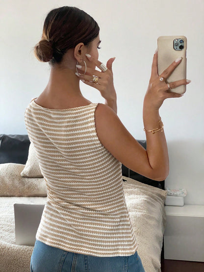 Siren Gaze Women's Front Button Sleeveless Striped Simple Casual Shirt, Daily Wear Brown Summer Elegant