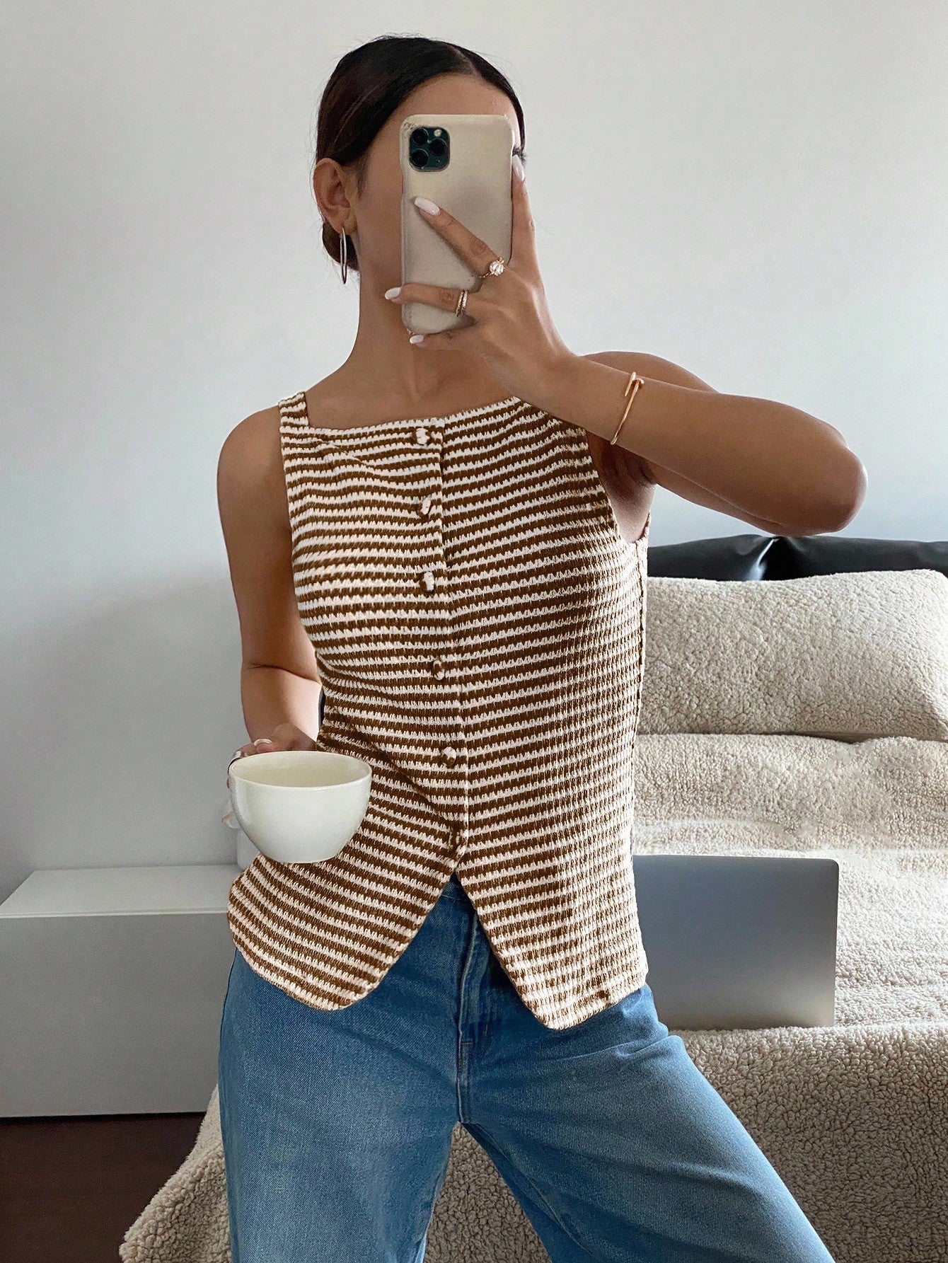 Siren Gaze Women's Front Button Sleeveless Striped Simple Casual Shirt, Daily Wear Brown Summer Elegant