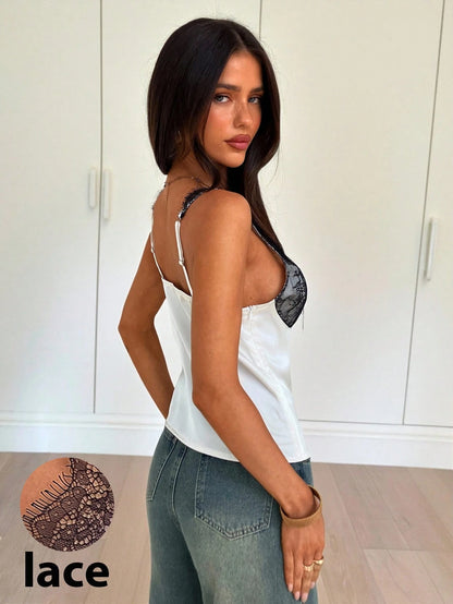 Siren Gaze Women's Lace-Trimmed V-Neck Camisole,Satin Sleeveless Top For Summer,Elegant White And Black Fashionable Base Layer For Night Out,Cute