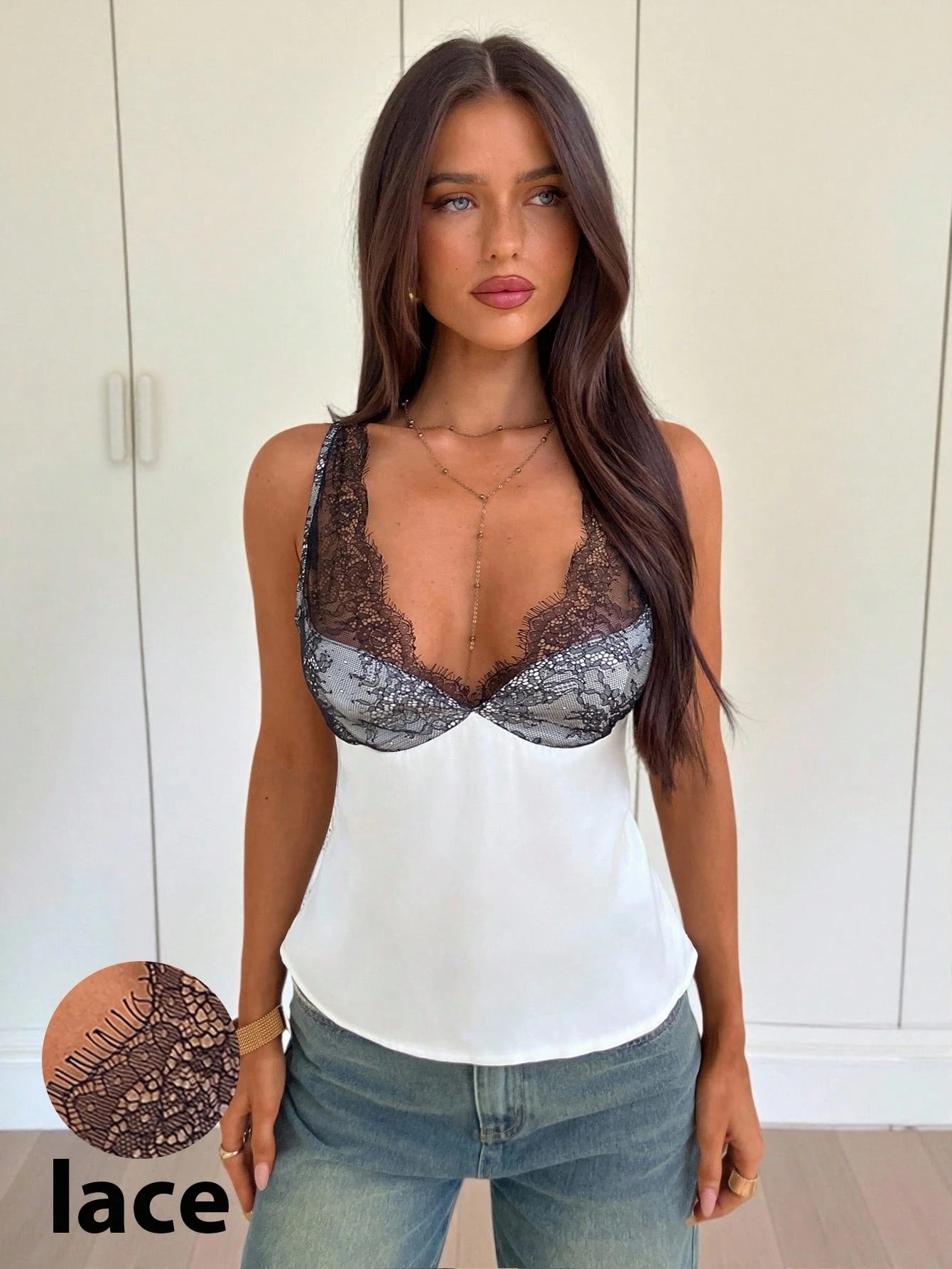 Siren Gaze Women's Lace-Trimmed V-Neck Camisole,Satin Sleeveless Top For Summer,Elegant White And Black Fashionable Base Layer For Night Out,Cute