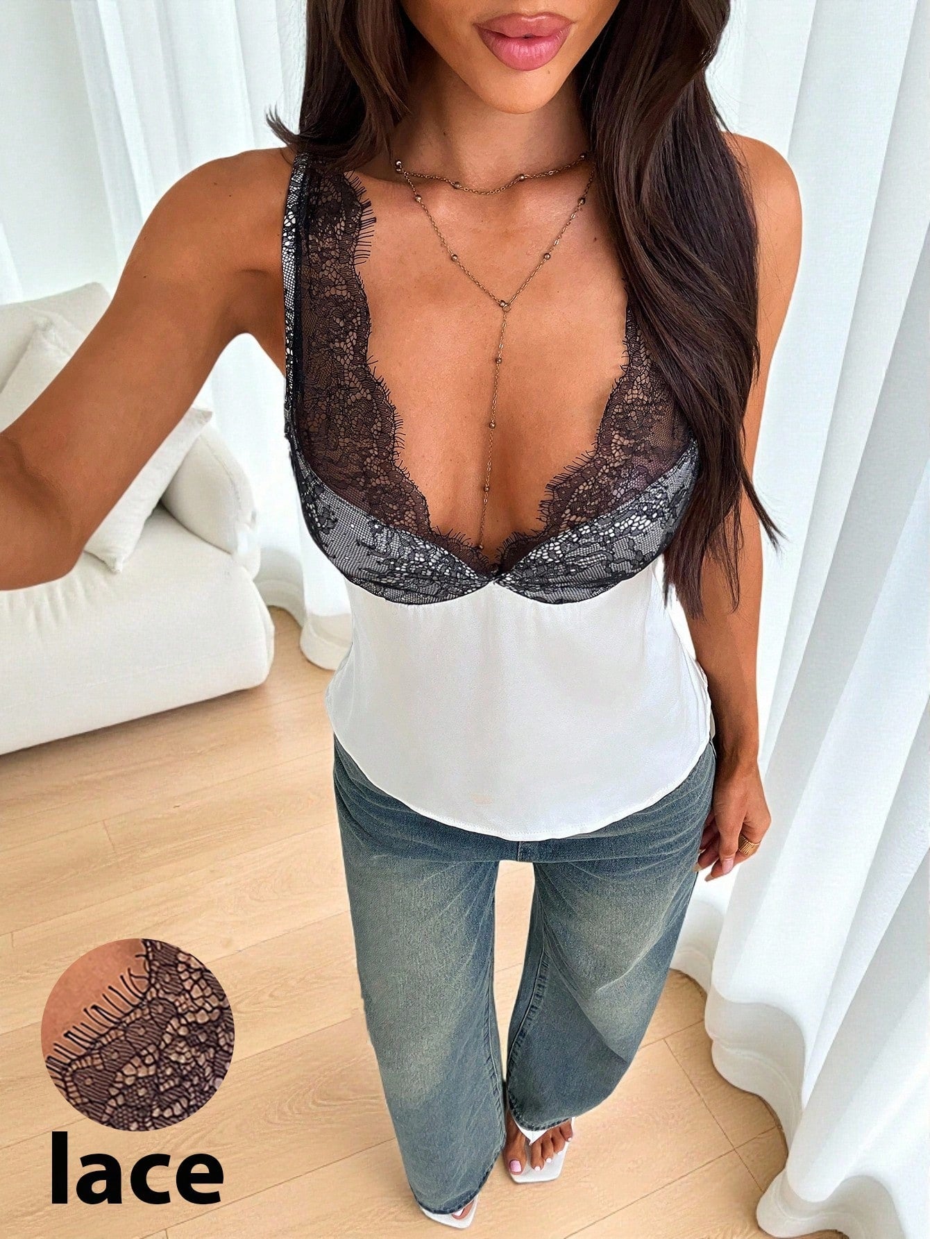 Siren Gaze Women's Lace-Trimmed V-Neck Camisole,Satin Sleeveless Top For Summer,Elegant White And Black Fashionable Base Layer For Night Out,Cute