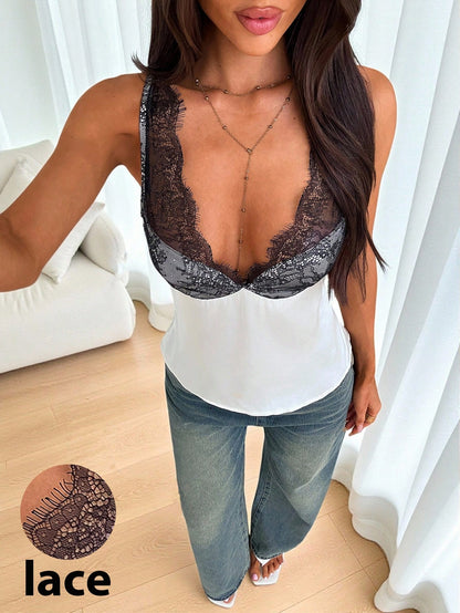 Siren Gaze Women's Lace-Trimmed V-Neck Camisole,Satin Sleeveless Top For Summer,Elegant White And Black Fashionable Base Layer For Night Out,Cute