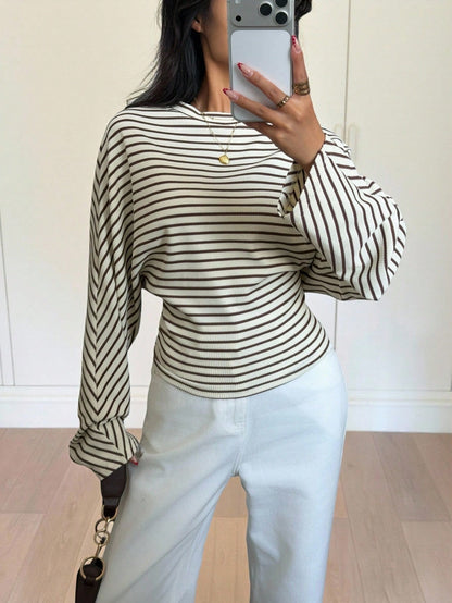 Siren Gaze Women's Long-Sleeved T-Shirt, Black And White Striped Striped Striped, Autumn, Holiday, Knit Topworld Cup Casual Brunch Office Everyday