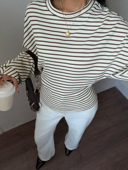 Siren Gaze Women's Long-Sleeved T-Shirt, Black And White Striped Striped Striped, Autumn, Holiday, Knit Topworld Cup Casual Brunch Office Everyday