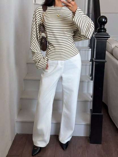 Siren Gaze Women's Long-Sleeved T-Shirt, Black And White Striped Striped Striped, Autumn, Holiday, Knit Topworld Cup Casual Brunch Office Everyday