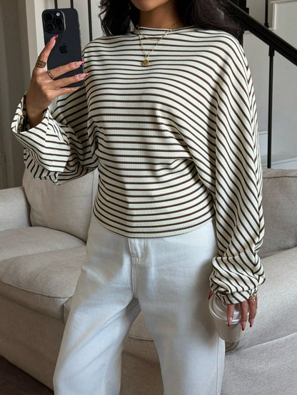 Siren Gaze Women's Long-Sleeved T-Shirt, Black And White Striped Striped Striped, Autumn, Holiday, Knit Topworld Cup Casual Brunch Office Everyday