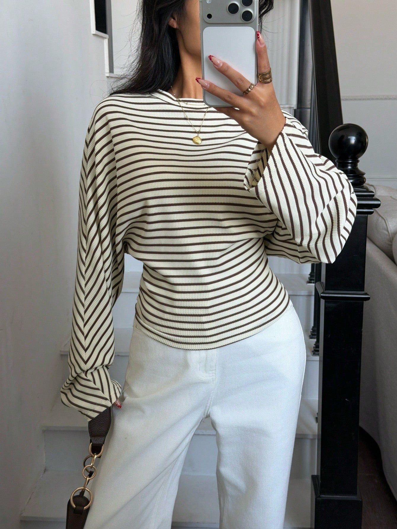 Siren Gaze Women's Long-Sleeved T-Shirt, Black And White Striped Striped Striped, Autumn, Holiday, Knit Topworld Cup Casual Brunch Office Everyday