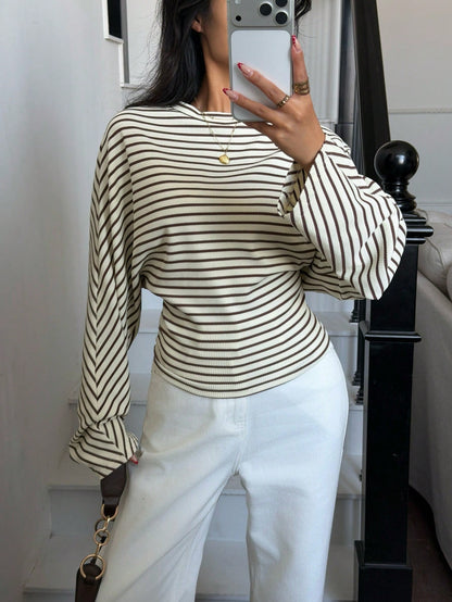Siren Gaze Women's Long-Sleeved T-Shirt, Black And White Striped Striped Striped, Autumn, Holiday, Knit Topworld Cup Casual Brunch Office Everyday