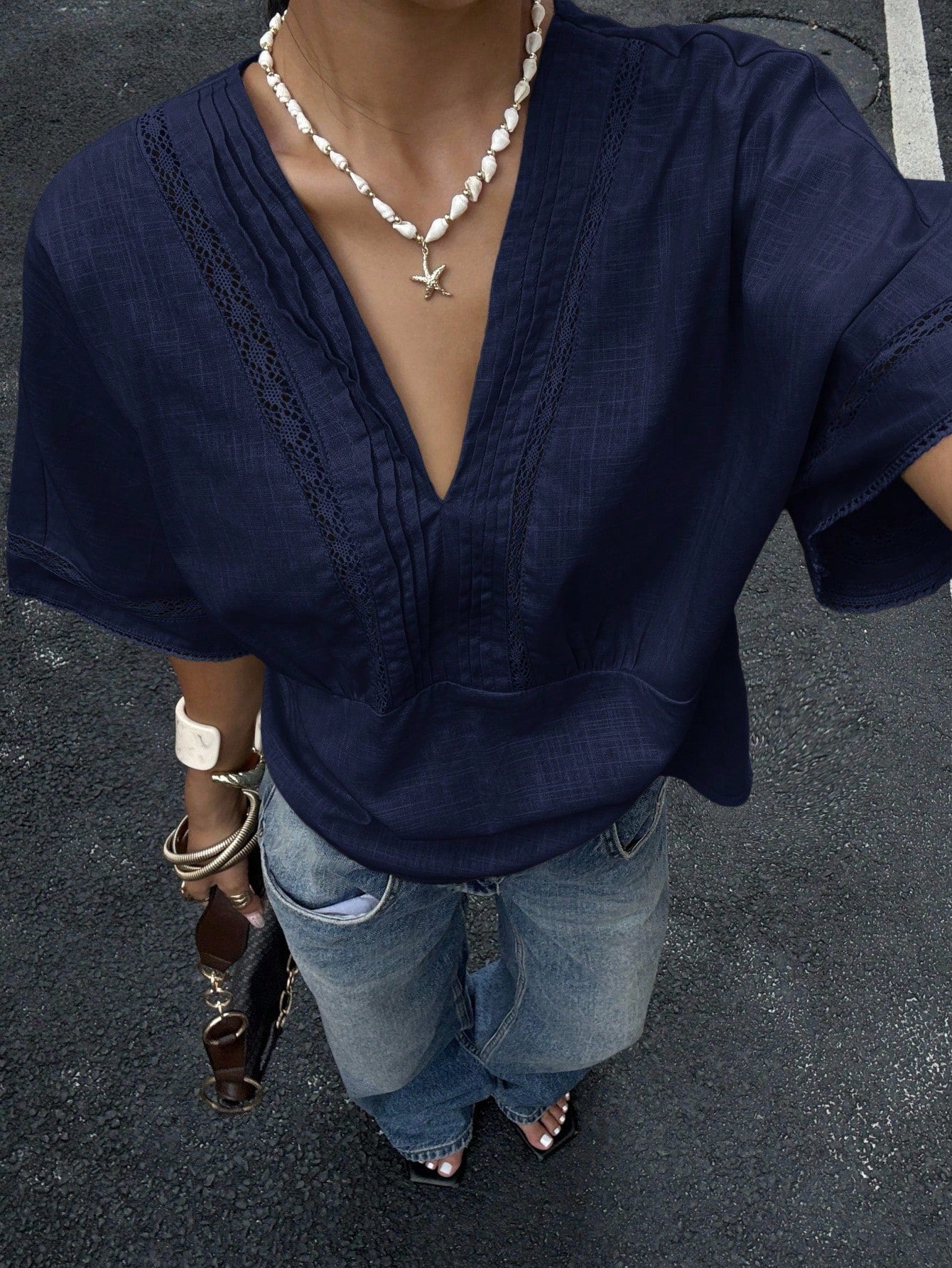 Siren Gaze Women's Striped Lace Trim Linen Blend Blouse Summer Casual Blue Elegant