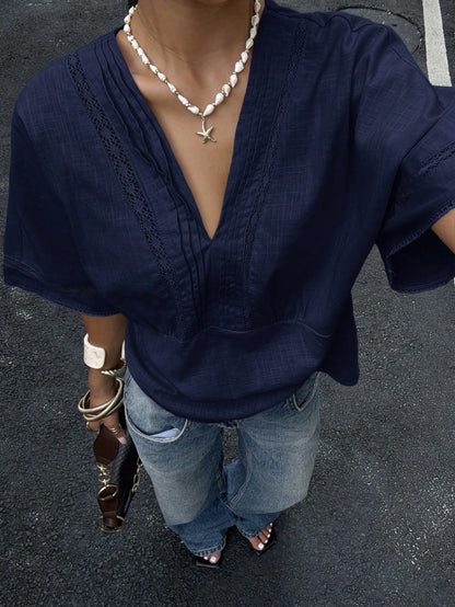 Siren Gaze Women's Striped Lace Trim Linen Blend Blouse Summer Casual Blue Elegant