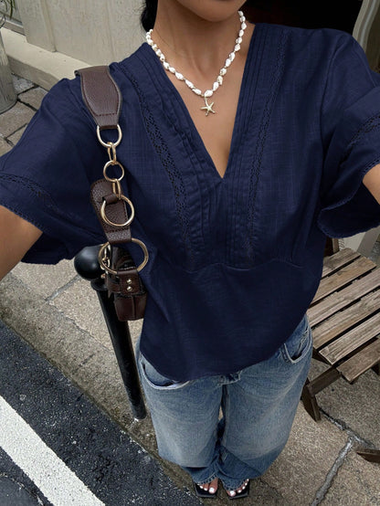 Siren Gaze Women's Striped Lace Trim Linen Blend Blouse Summer Casual Blue Elegant